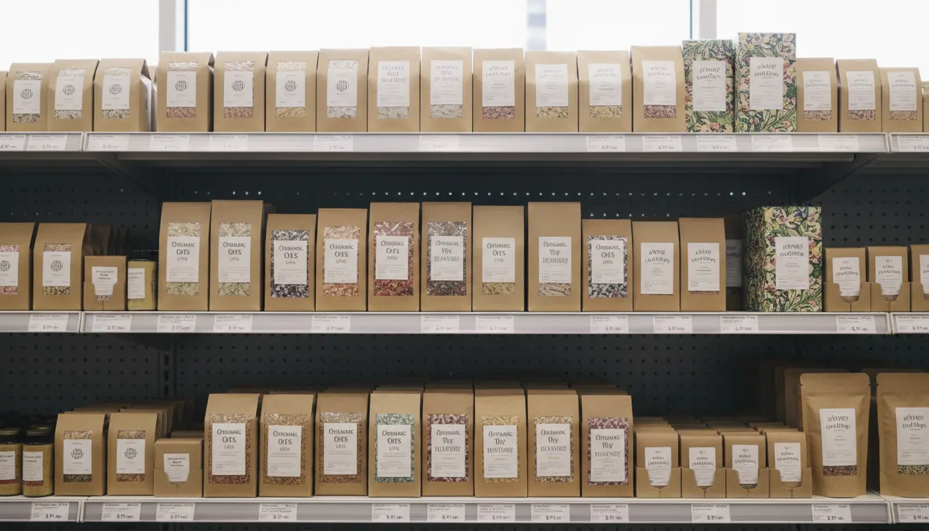 Close-up view of clean product shelves with dust-free packaging and clear price labels