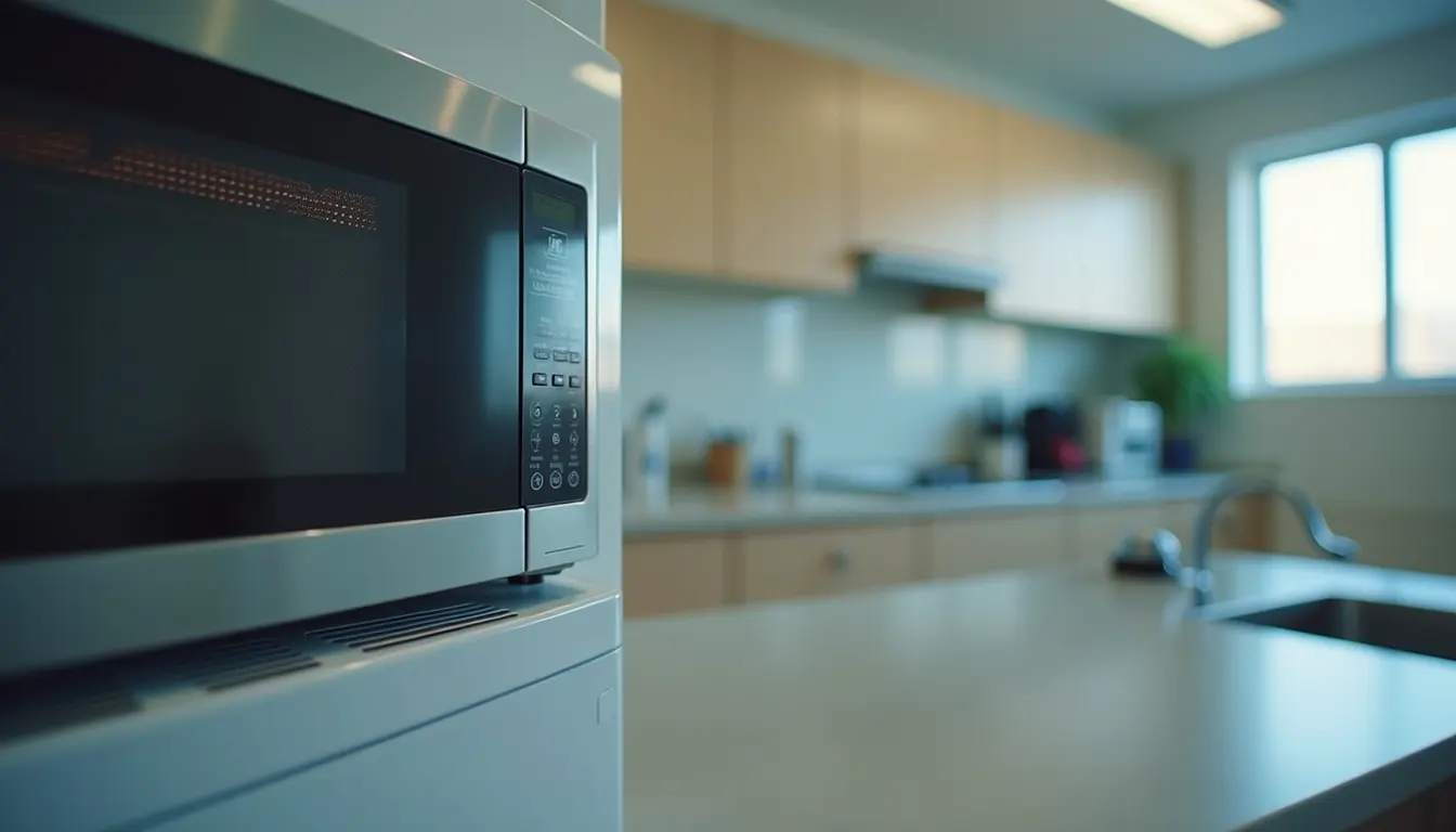 Eye-level view of a microwave with a clean interior in an office kitchen