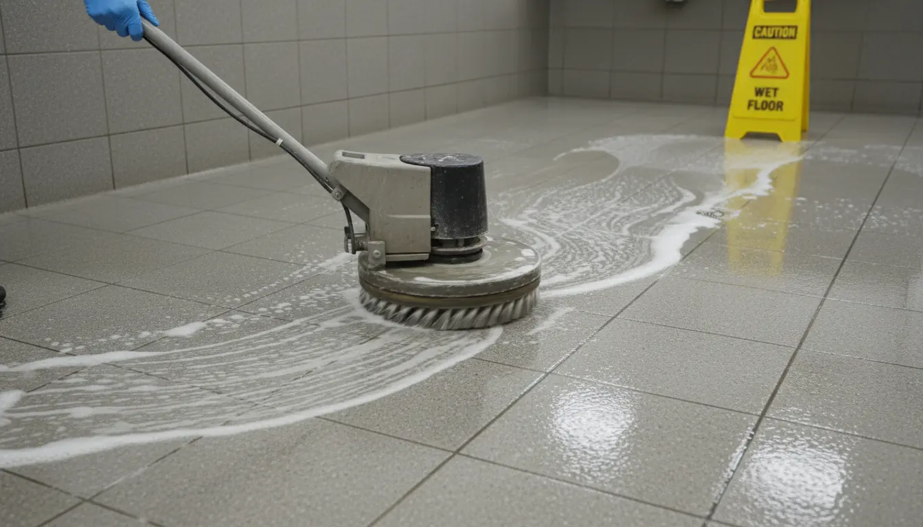 Close-up of a tiled washroom floor being scrubbed with a rotary cleaning machine.