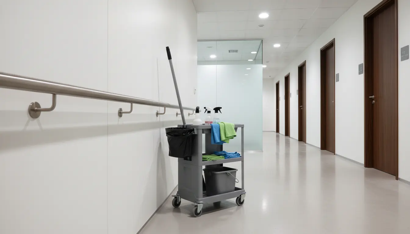 Close-up view of a cleaning trolley beside a handrail in a quiet venue corridor