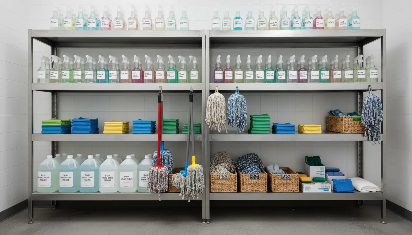 Wide-angle view of a neatly organised janitorial storage shelf with labelled supplies