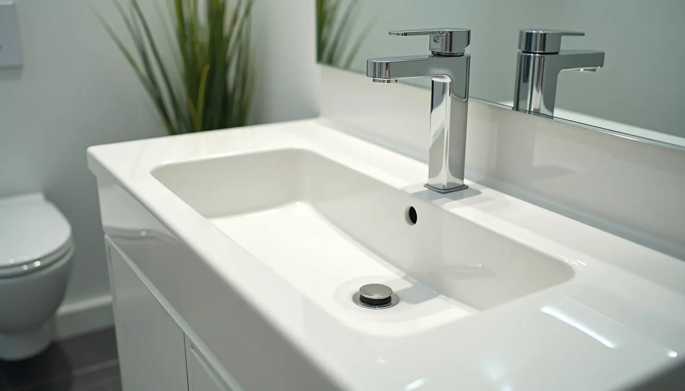 Close-up view of a clean bathroom sink and mirror after detailed cleaning
