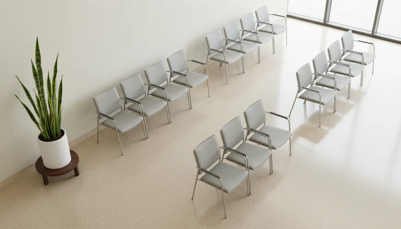 Overhead view of neatly arranged waiting chairs beside a clean wall and small plant.