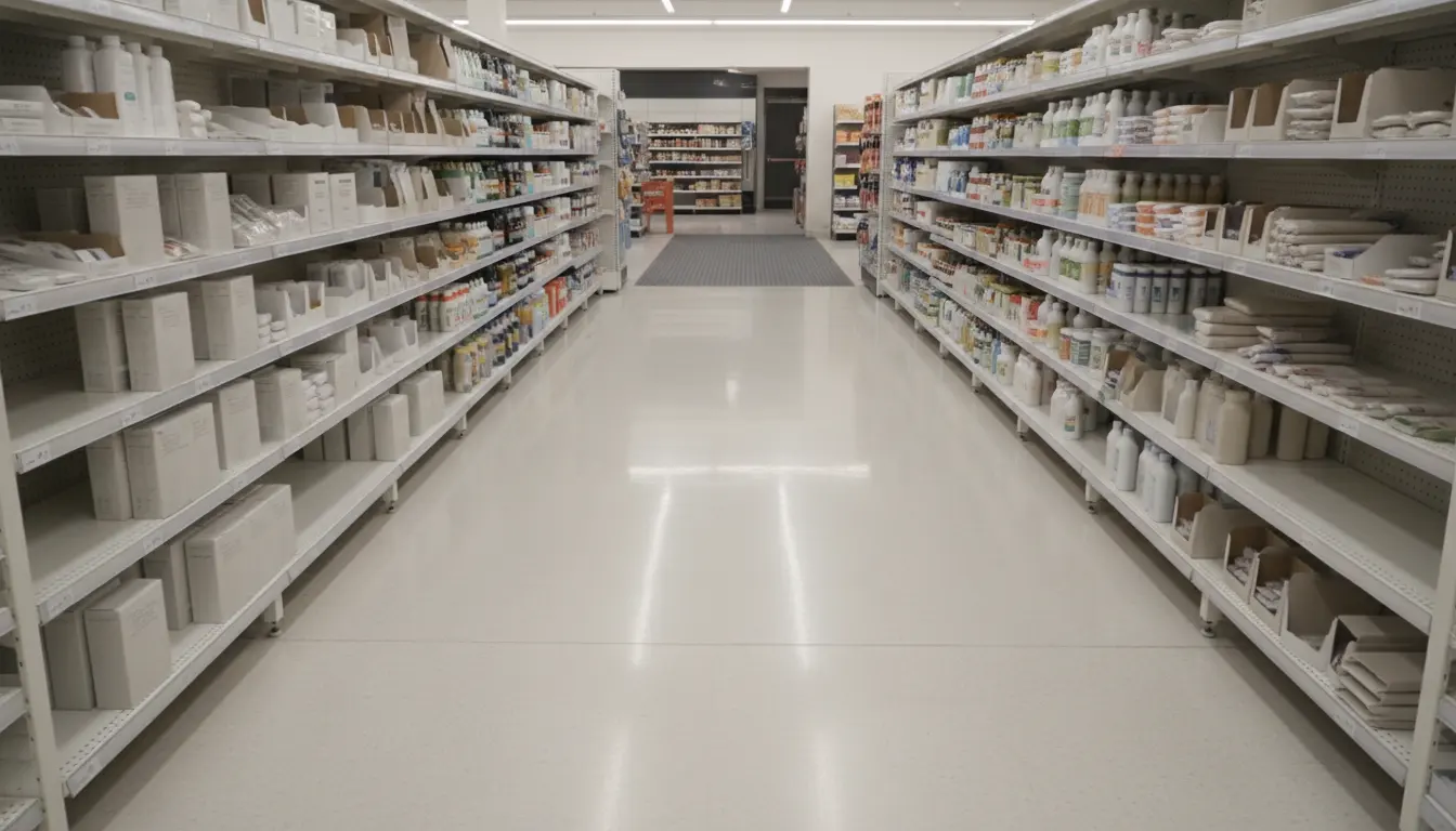 Wide-angle view of a clean supermarket aisle with polished flooring.