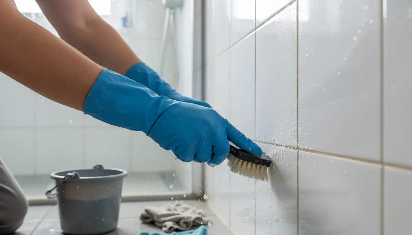 Close-up of gloved hands scrubbing bathroom tile grout with a small brush
