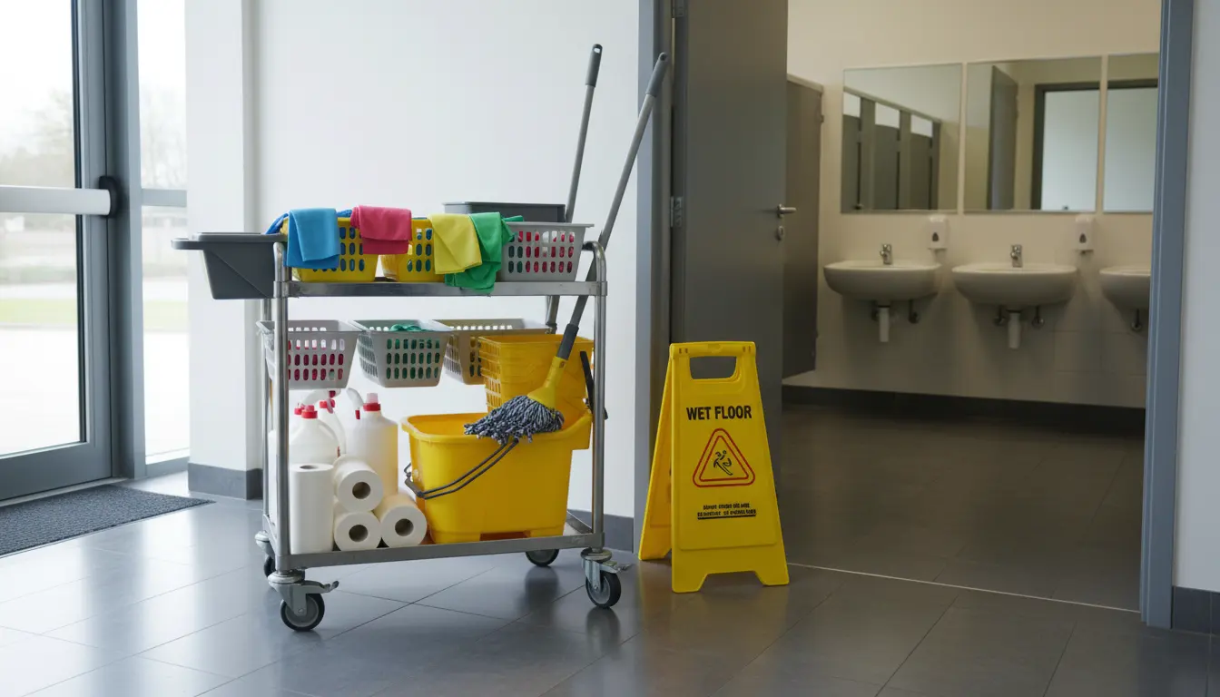 Eye-level view of a cleaning trolley beside a washroom entrance.
