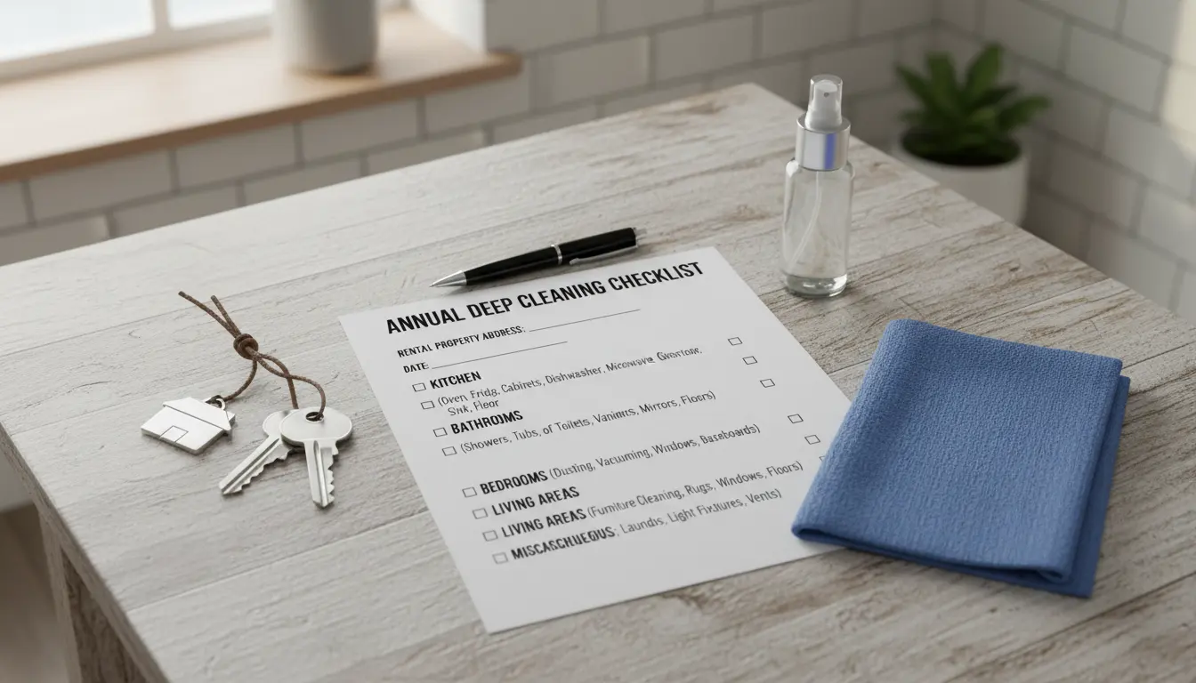 Overhead view of a printed rental property cleaning checklist with keys and cleaning cloths