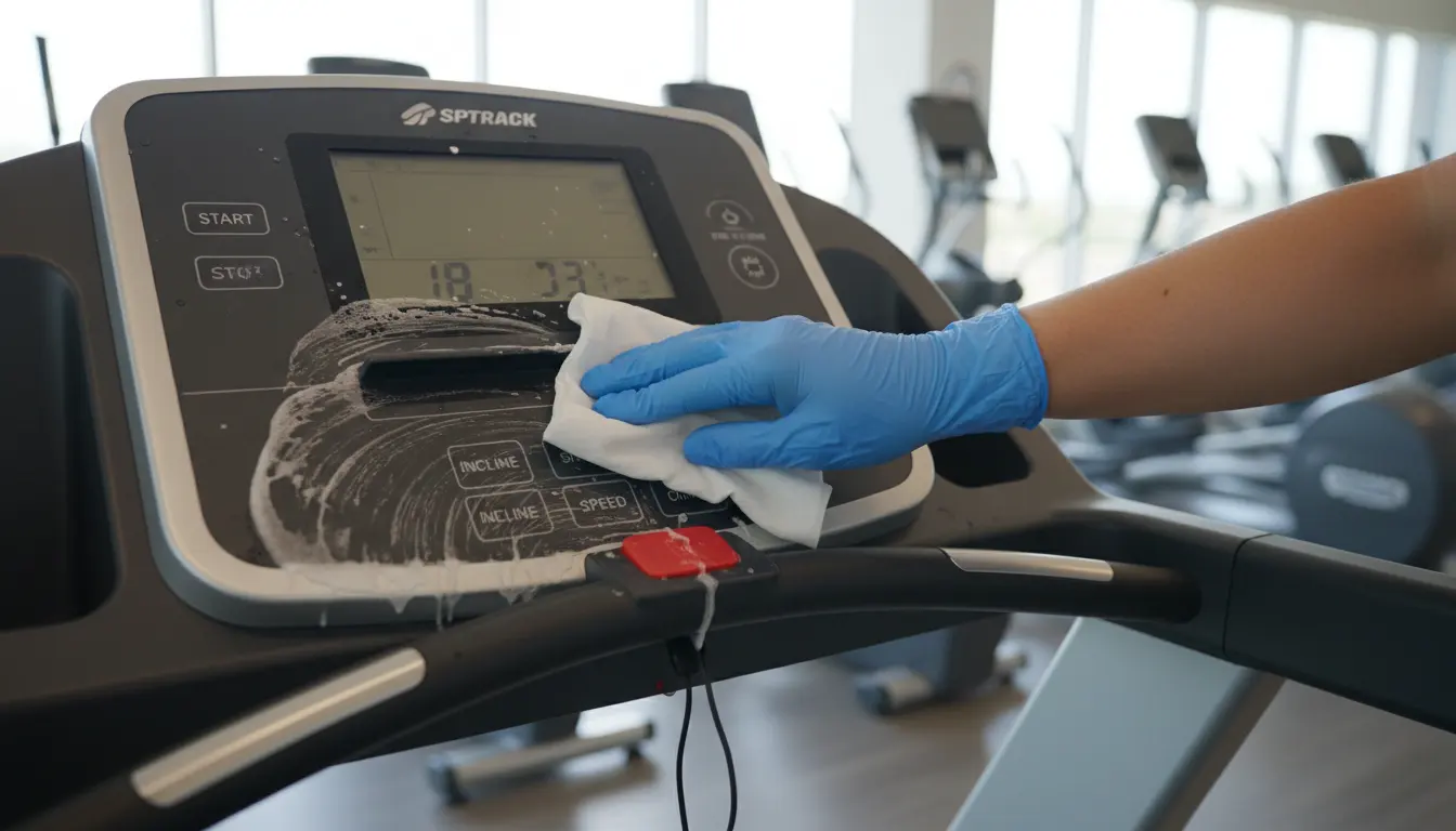 Close-up view of a hand wiping a treadmill control panel
