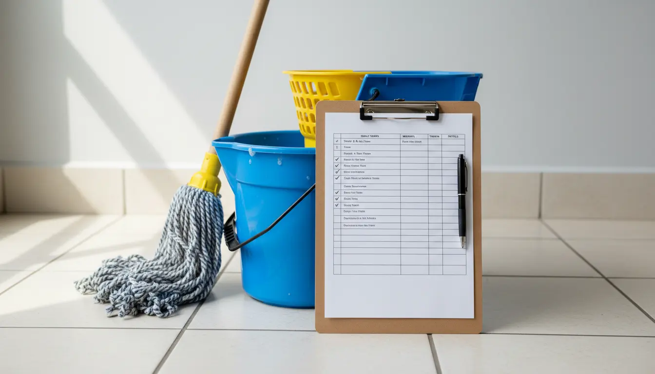 Eye-level view of a cleaning checklist on a clipboard beside a bucket and mop
