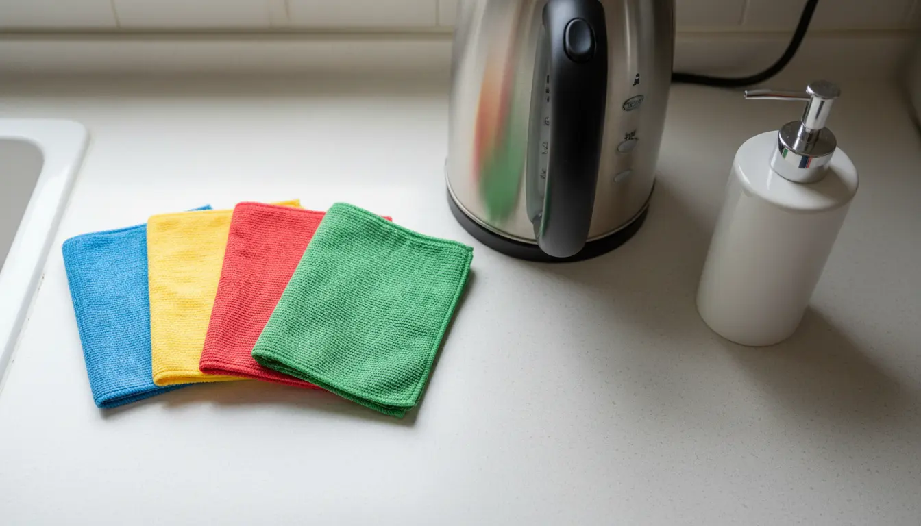 Overhead view of labelled cleaning cloths beside a kettle handle and small appliance buttons.
