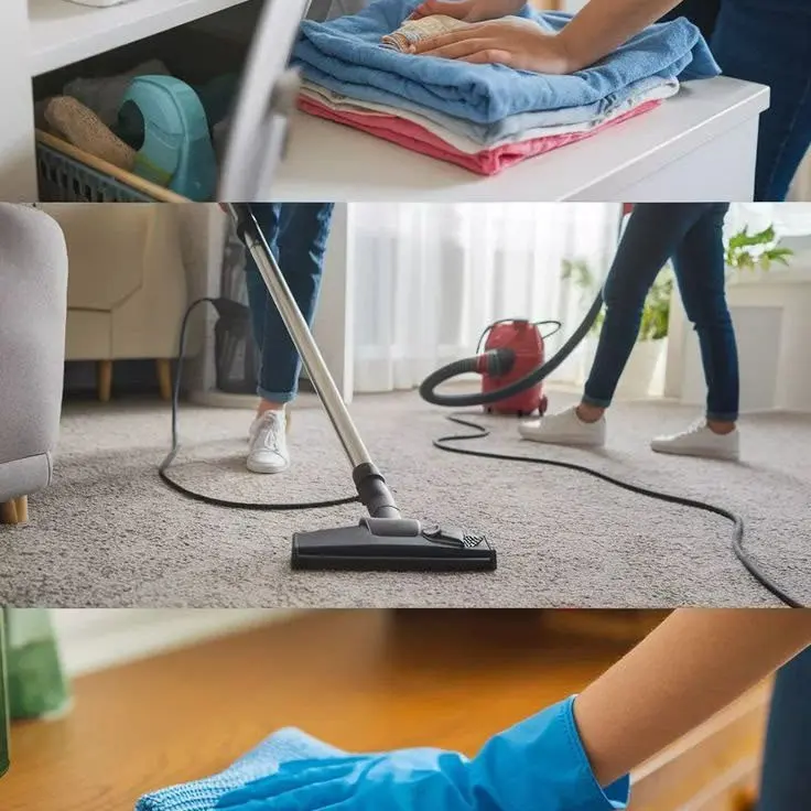 Folding of towels, vacuuming and wiping of counters