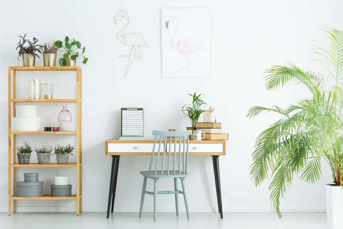 Minimalist home office with desk, chair, and plants. Wooden shelf with decor items. Flamingo artwork on white wall. Bright, airy atmosphere.