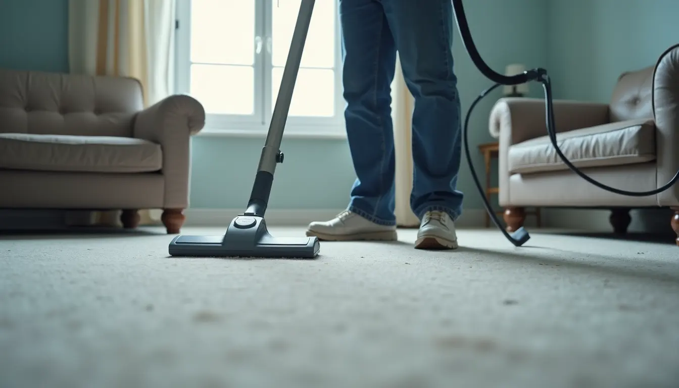 Eye-level view of a professional cleaner using a steam cleaner on a carpet